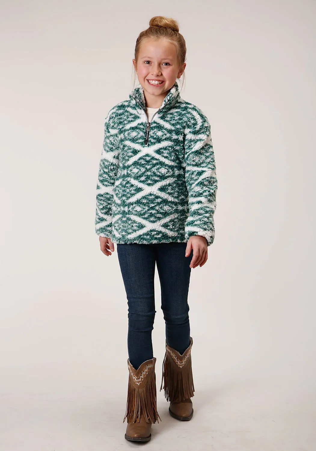 Roper Girls Green/White Polyester Diamond Polar Fleece Jacket