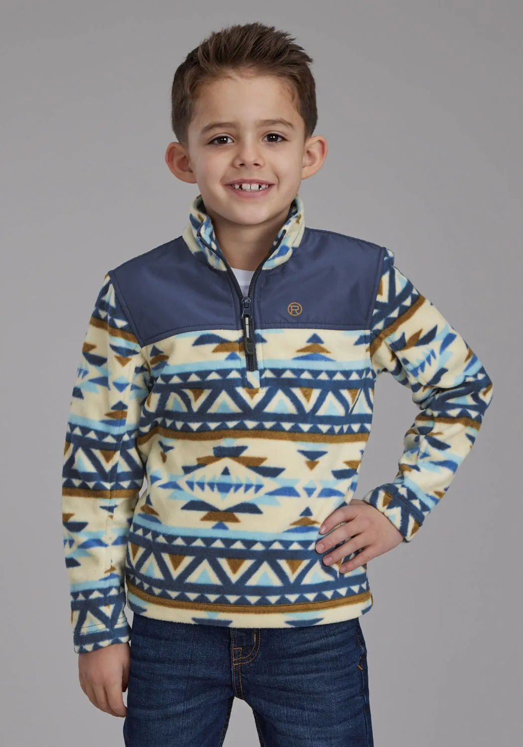 Roper Kids Boys Aztec Micro Cream/Navy 100% Polyester Fleece Jacket