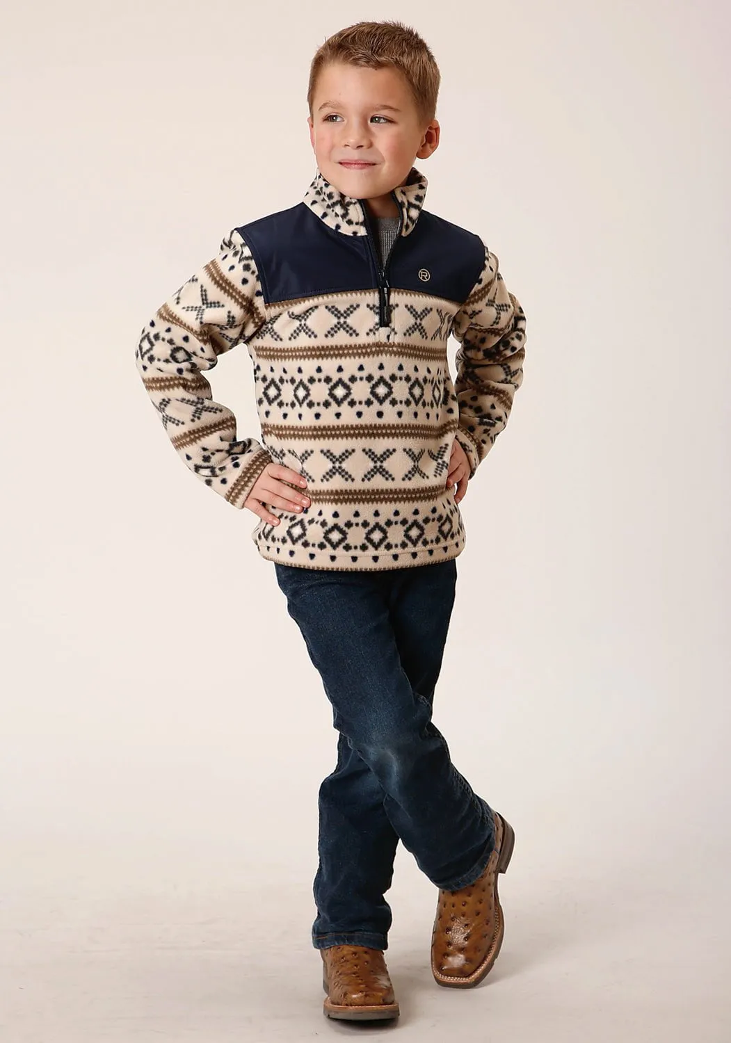 Roper Kids Boys Aztec Micro White Polyester Fleece Jacket