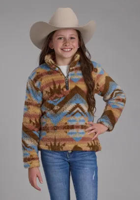 Roper Kids Girls Fuzzy Aztec Brown/Blue 100% Polyester Fleece Jacket