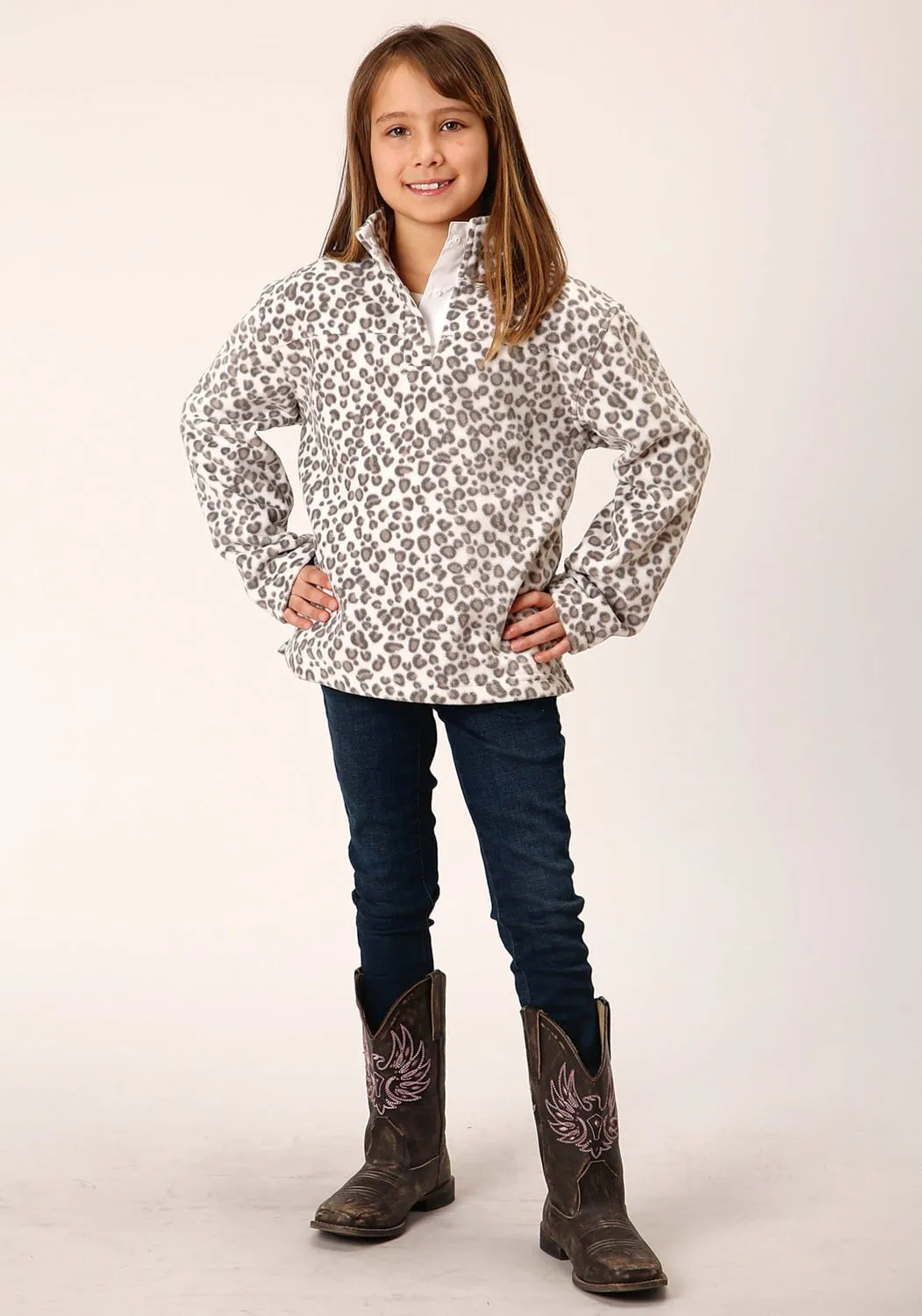 Roper Kids Girls Snow Leopard White Polyester Fleece Jacket