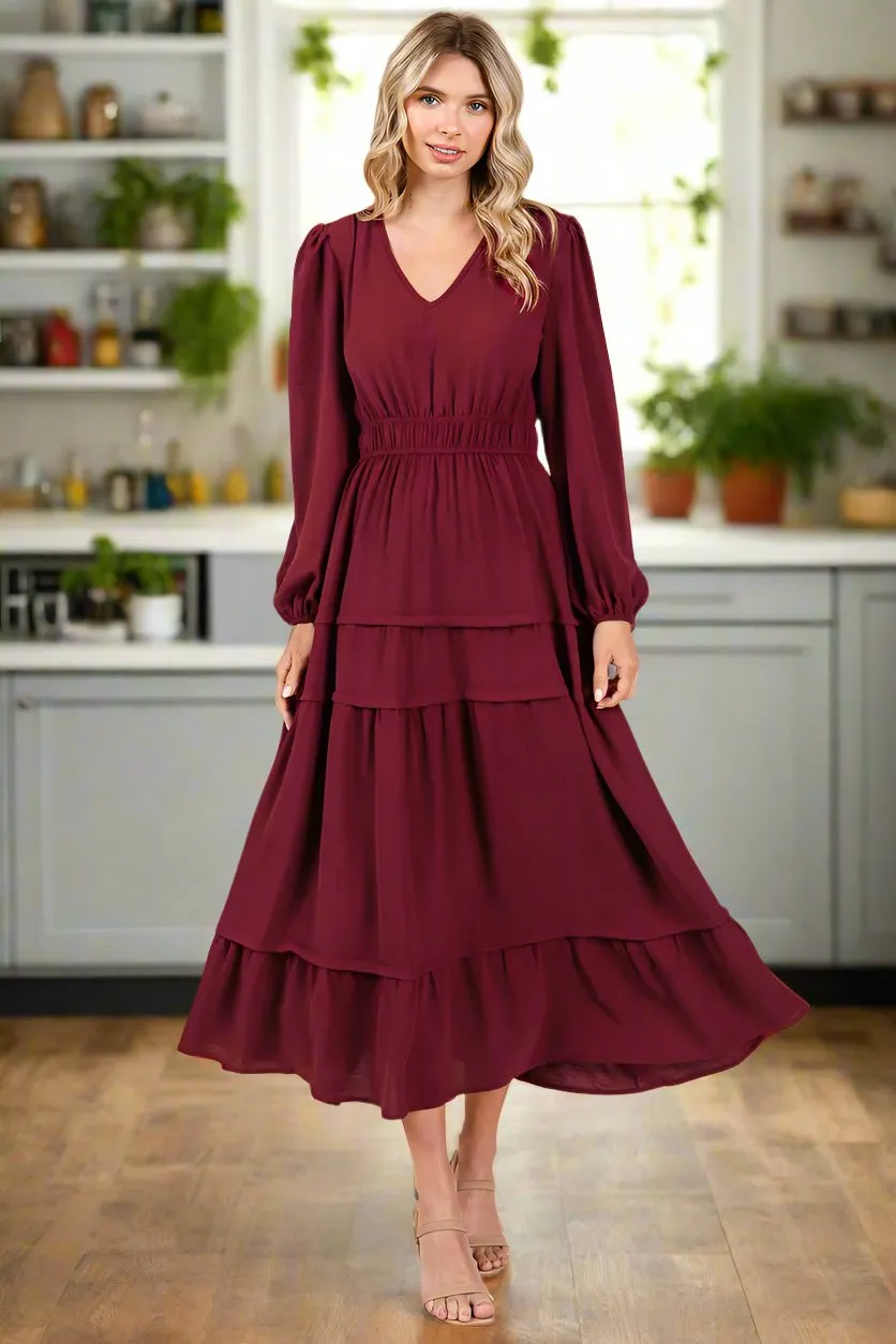 Ruched V Neck Long Sleeve Tiered Midi Dress