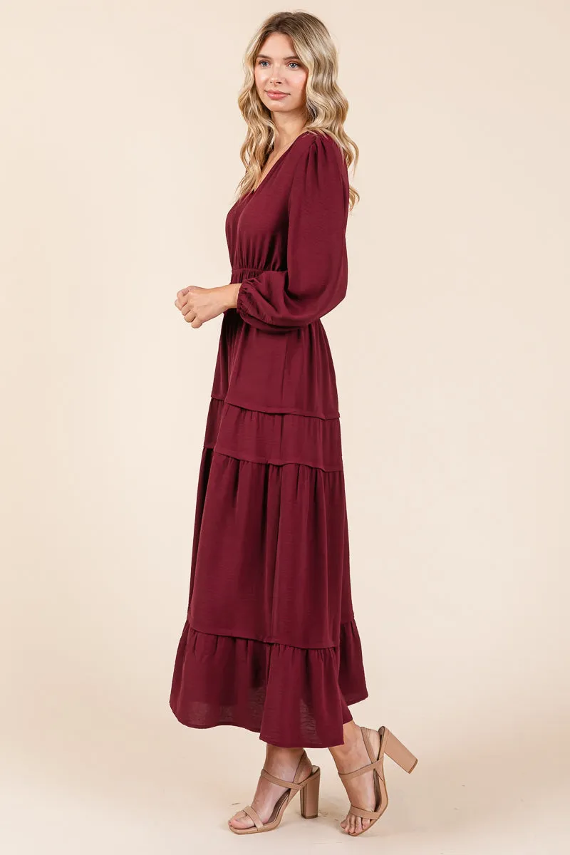 Ruched V Neck Long Sleeve Tiered Midi Dress