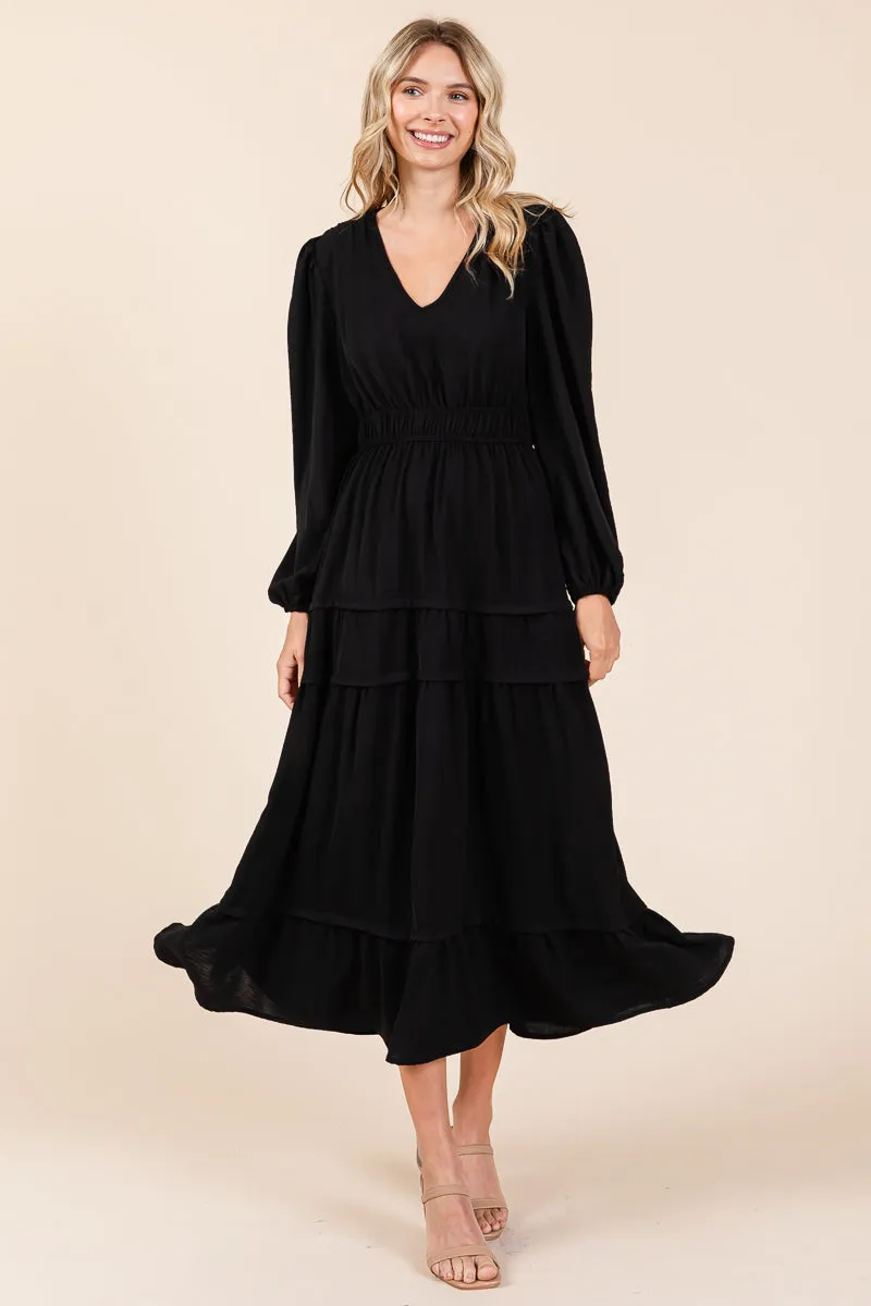 Ruched V Neck Long Sleeve Tiered Midi Dress