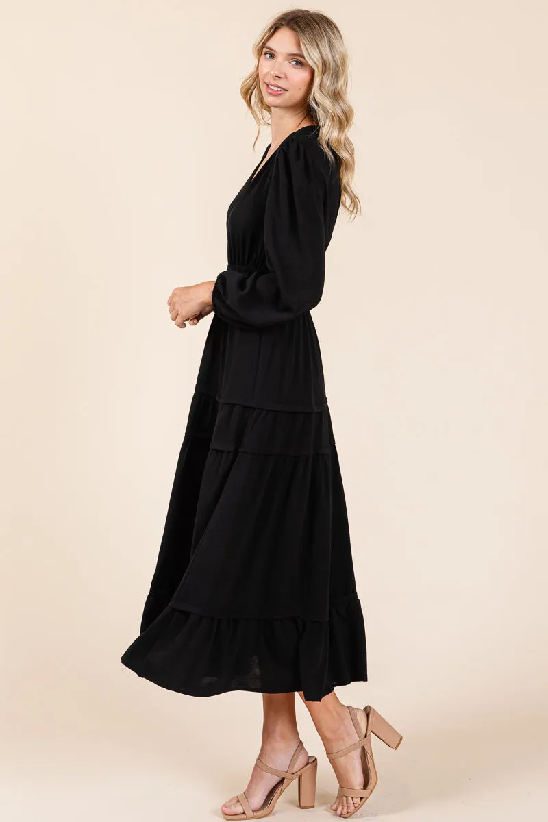 Ruched V Neck Long Sleeve Tiered Midi Dress