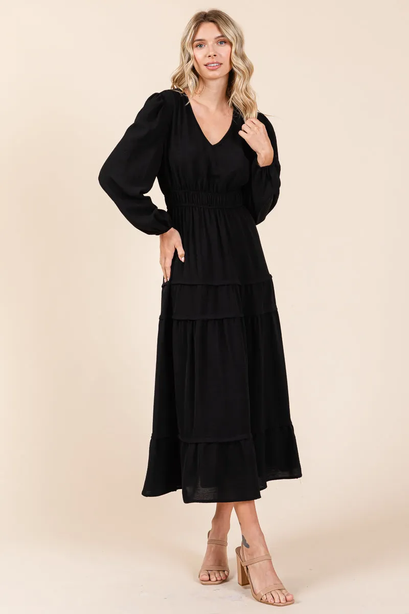 Ruched V Neck Long Sleeve Tiered Midi Dress