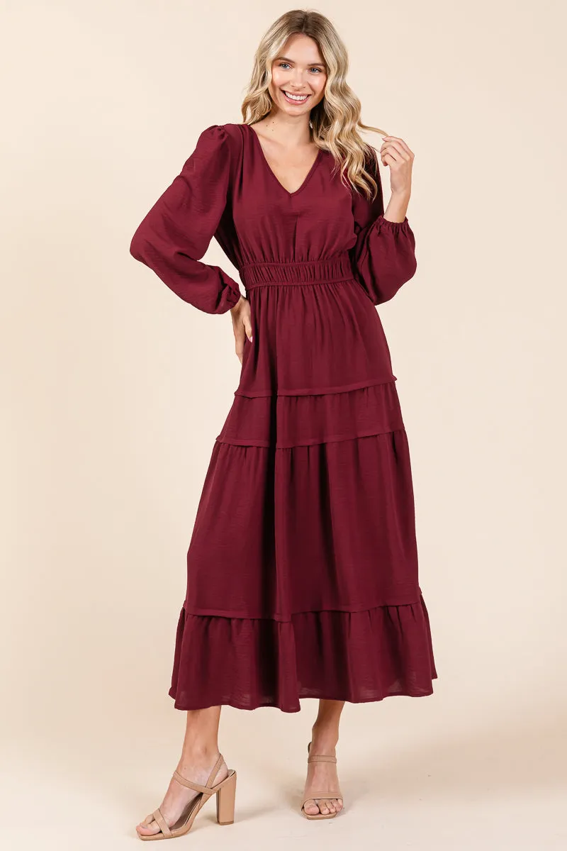 Ruched V Neck Long Sleeve Tiered Midi Dress