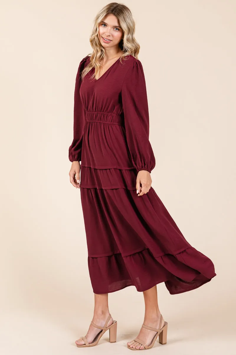 Ruched V Neck Long Sleeve Tiered Midi Dress