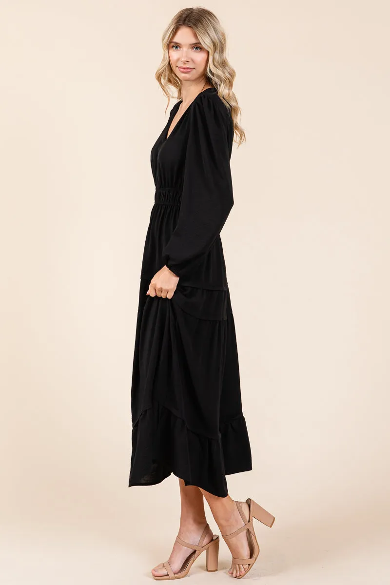 Ruched V Neck Long Sleeve Tiered Midi Dress