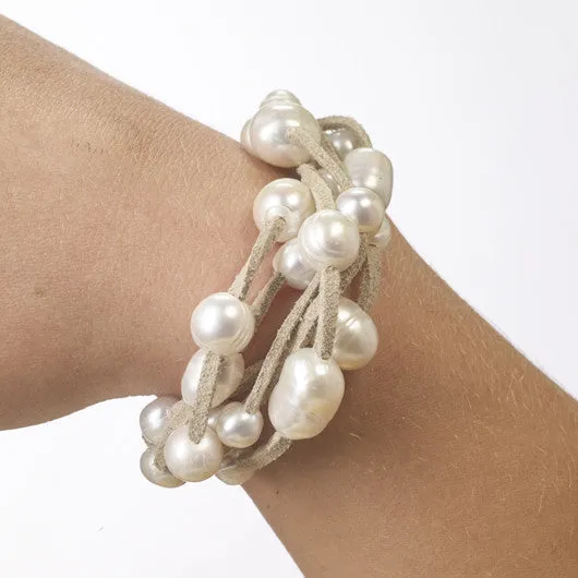 Six-strand suede and pearl bracelet