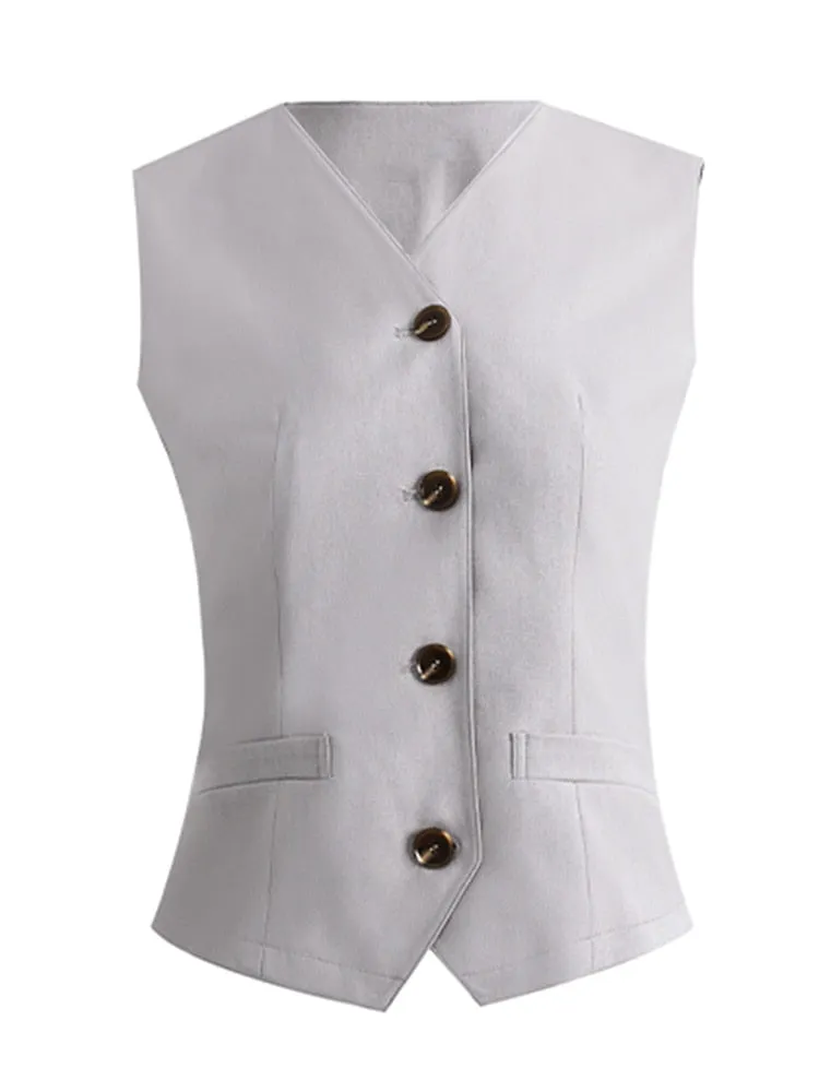 Solid Casual Waistcoats For Women V Neck Sleeveless Patchwork Single Breasted Minimalist Waistcoat Female Fashion