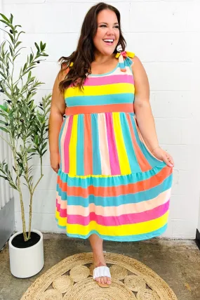 Start The Day Rainbow Stripe Shoulder Tie Tiered Dress