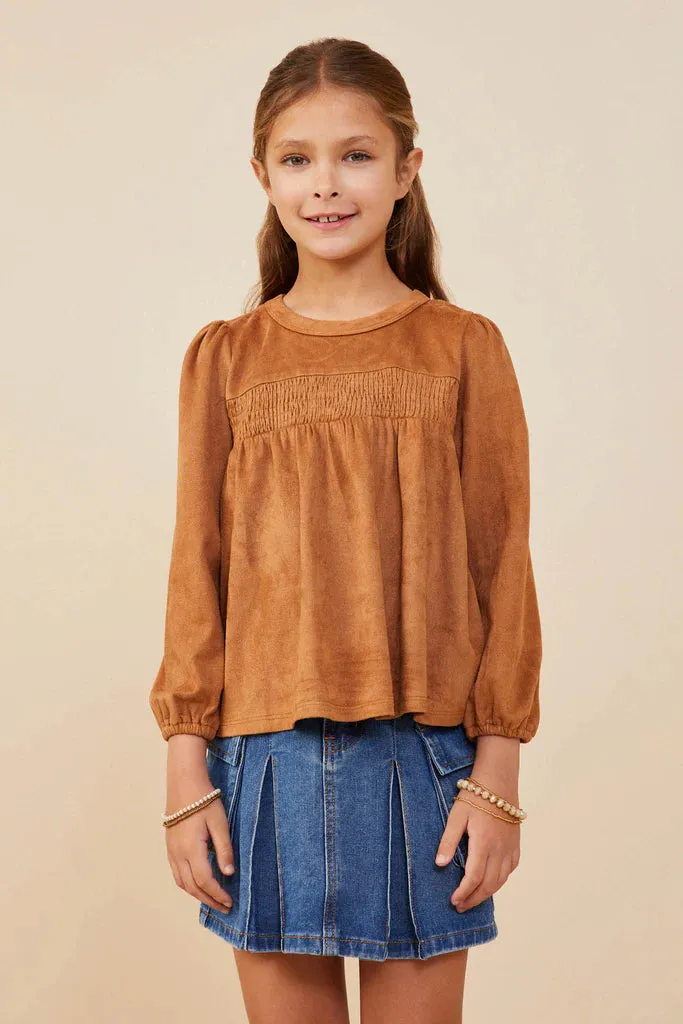 Suede Smocked Top - Camel