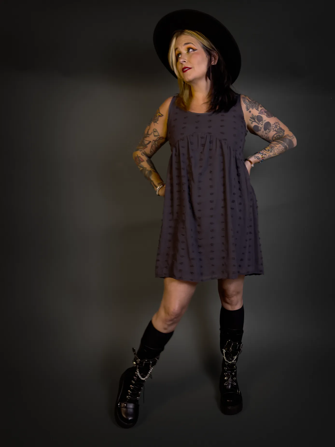 Swiss Dot Babydoll Scoop Neck Goth / Punk / Alt Dress in Ash Black