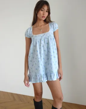 Trim Mini Dress in Blue Flower Gingham