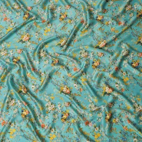 Turquoise Floral Silk Satin Fabric with Mirror Work - 110 cm Width-D20276