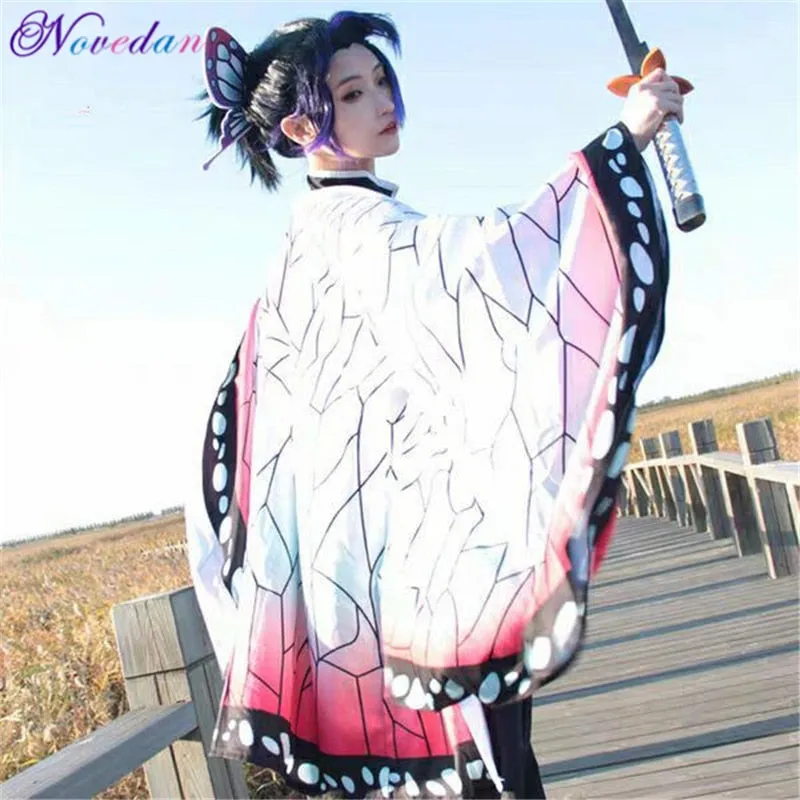 VenusFox Anime Demon Slayer Kimetsu no Yaiba Kochou Shinobu Cosplay Costume Women Kimono Uniforms Halloween Carnaval Party Costume Wig