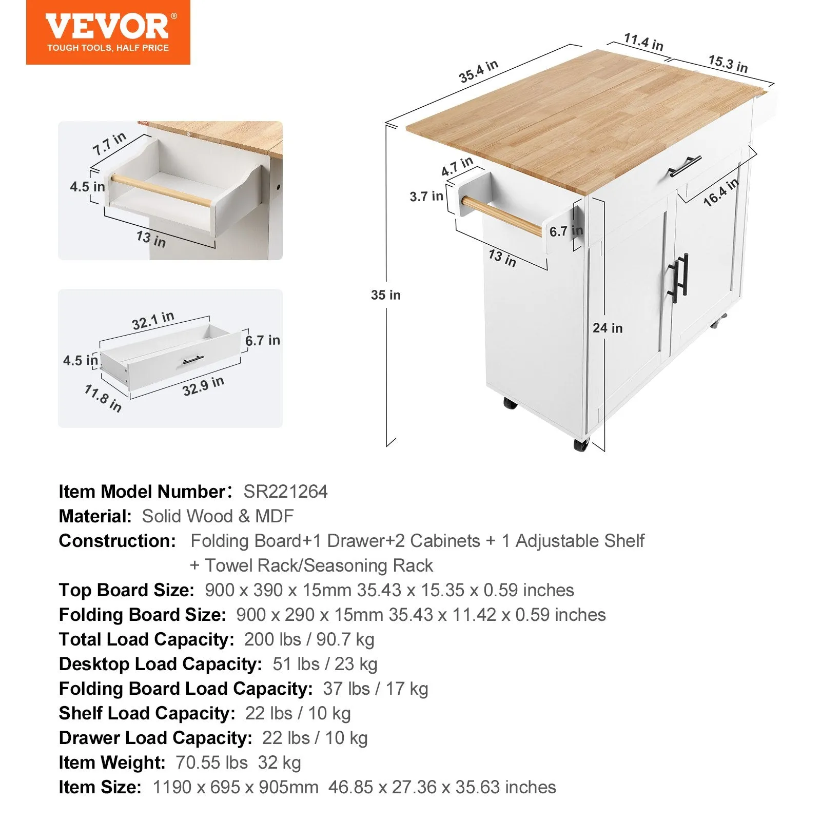 Vevor Kitchen Island Cart 35.4" Solid Rubberwood Top Mobile with Drop Leaf Spice Rack and Drawer White New