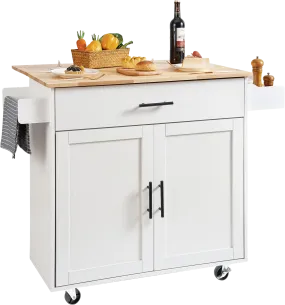 Vevor Kitchen Island Cart 35.4" Solid Rubberwood Top Mobile with Drop Leaf Spice Rack and Drawer White New