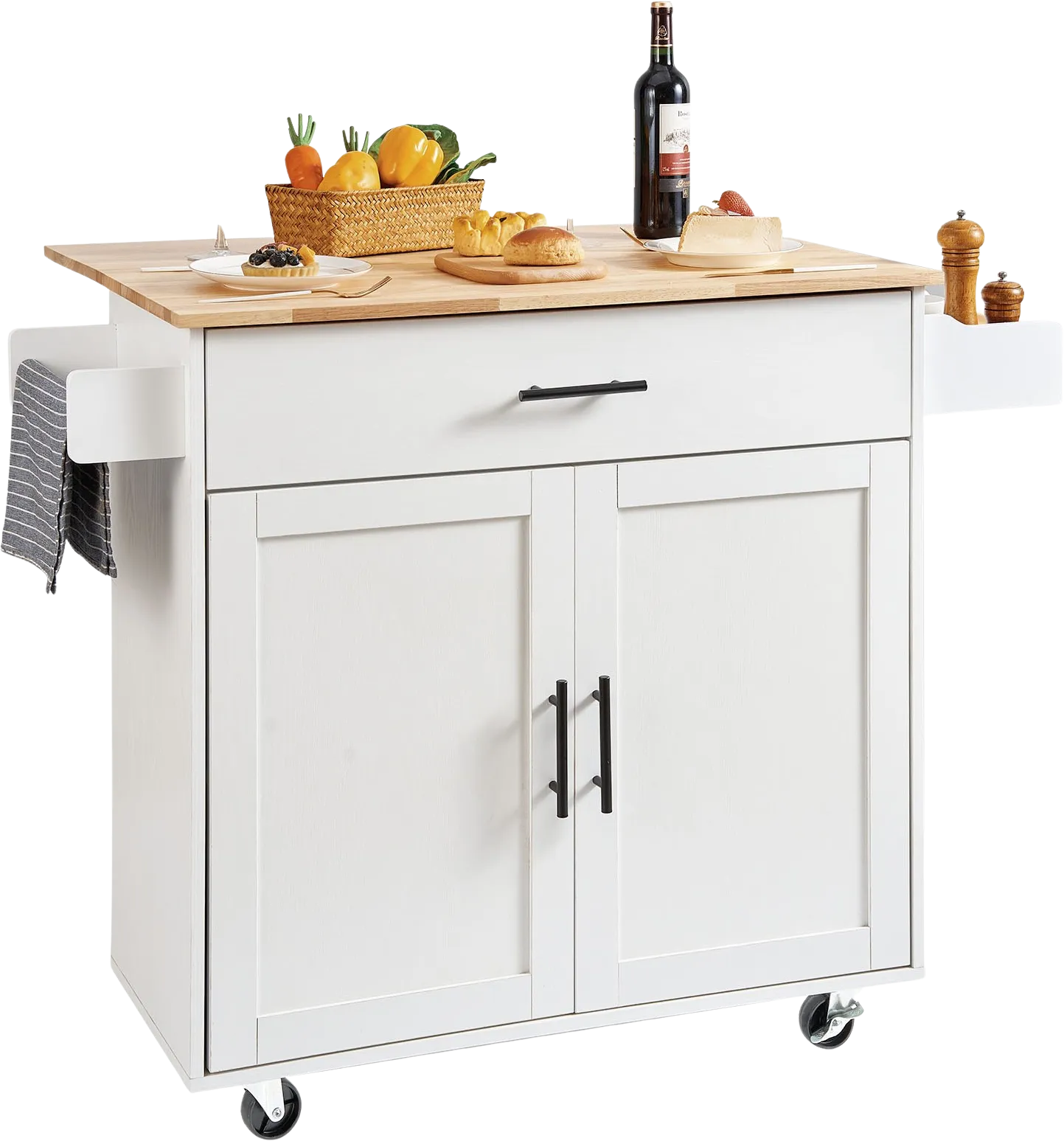 Vevor Kitchen Island Cart 35.4" Solid Rubberwood Top Mobile with Drop Leaf Spice Rack and Drawer White New