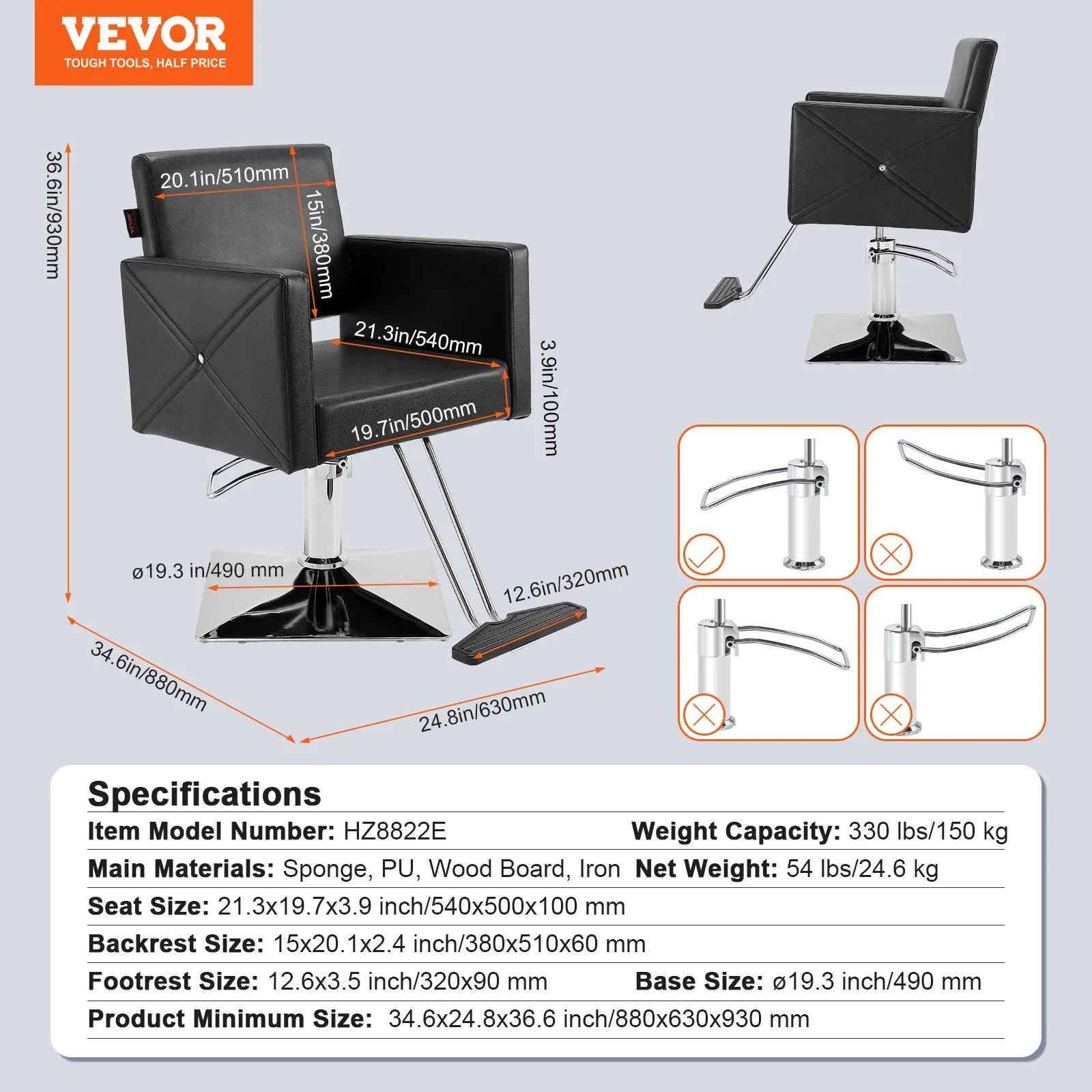 Vevor Salon Chair 360° Swivel with Height-Adjustable Hydraulic Pump and Footrest 330 Lbs Capacity New