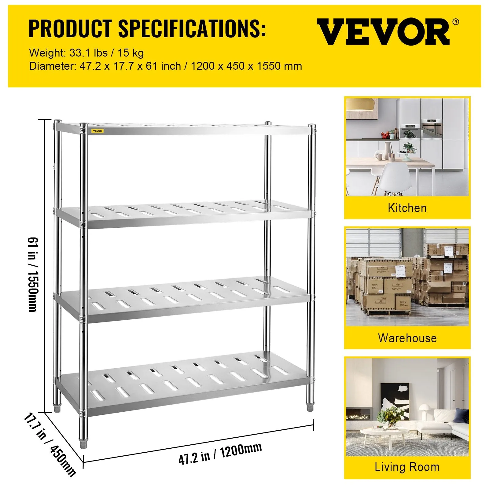 Vevor Storage Shelf 4-Tier Stainless Steel Unit 47.2" x 17.7" x 61" Heavy-Duty with 529 Lbs Total Capacity New