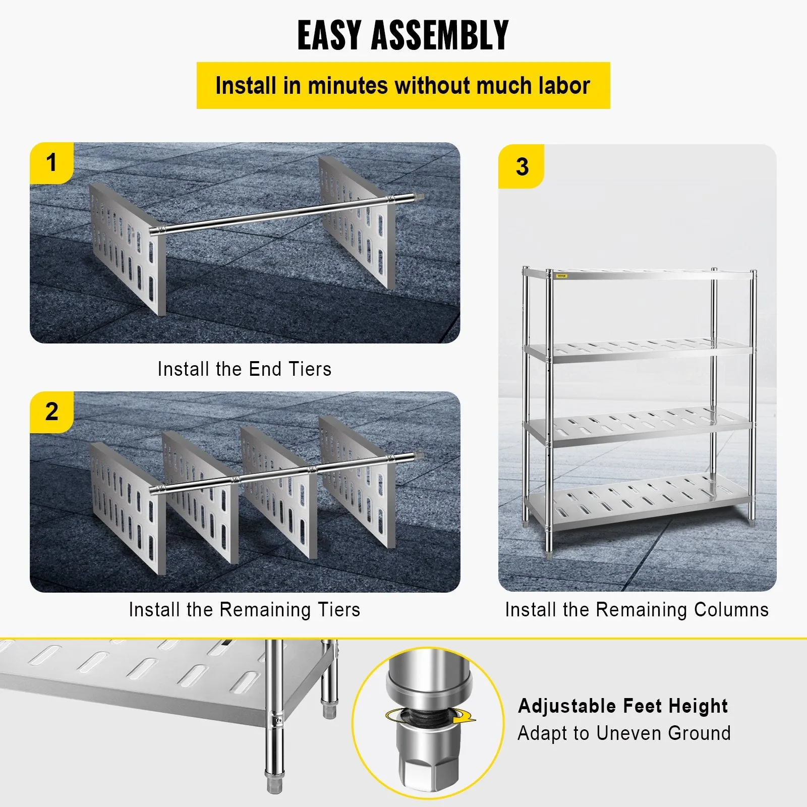 Vevor Storage Shelf 4-Tier Stainless Steel Unit 47.2" x 17.7" x 61" Heavy-Duty with 529 Lbs Total Capacity New