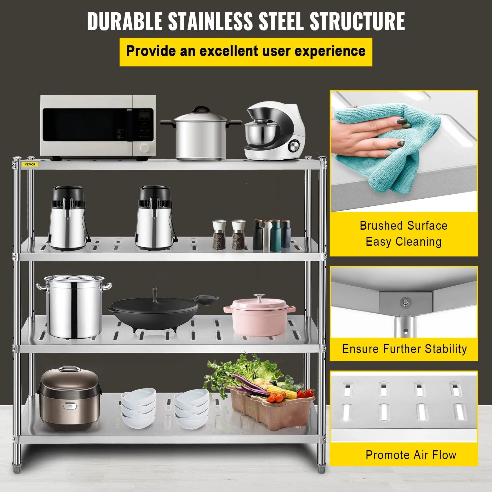 Vevor Storage Shelf 4-Tier Stainless Steel Unit 47.2" x 17.7" x 61" Heavy-Duty with 529 Lbs Total Capacity New