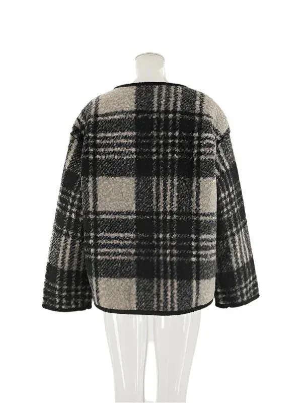 Wenkouban-Winter outfits Christmas Black Friday Round Neck Toggles Plaid Woolen Short Coat