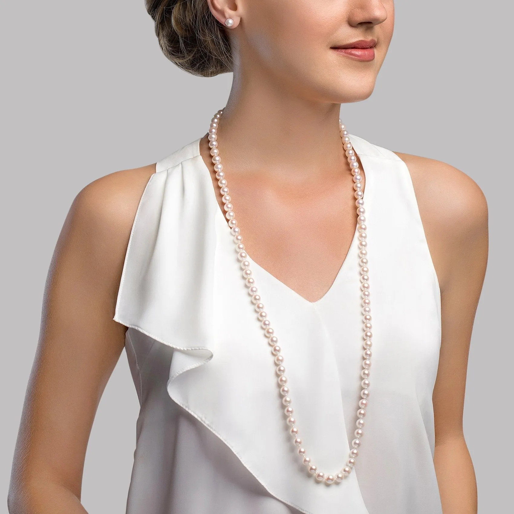 White Japanese Akoya Opera Length Pearl Necklace, 6.5-7.0mm