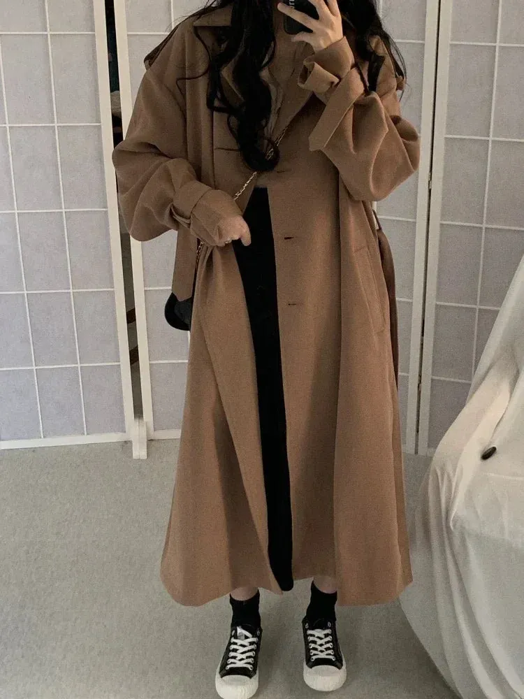 Wjczt Autumn Long Coats Woman Winter 2023 Tops Solid Lapel Double-breasted Oversized Windbreaker Jacket Trench Coat for Women Clothes