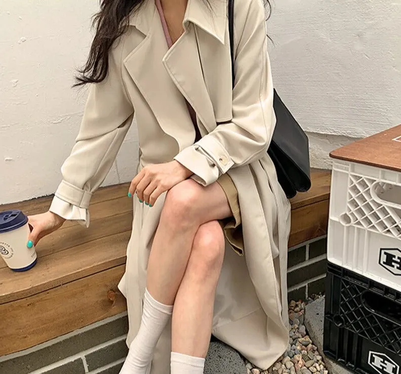 Wjczt Stylish Lapel Women Trench Coat 2022 Spring Long Sleeve Belted Lace-up Loose Female Long Coats Ladies Outwear