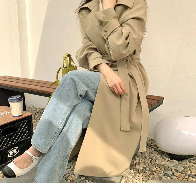 Wjczt Stylish Lapel Women Trench Coat 2022 Spring Long Sleeve Belted Lace-up Loose Female Long Coats Ladies Outwear