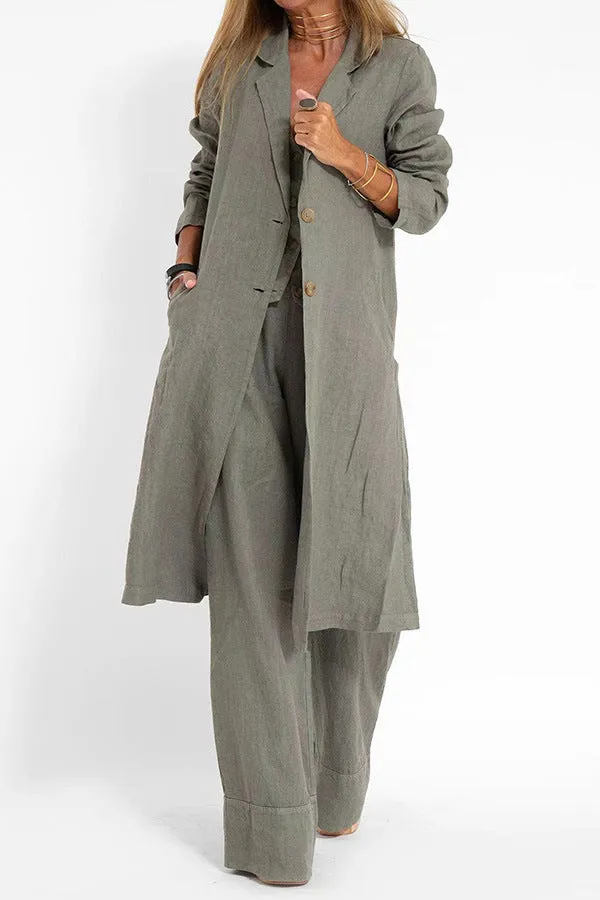 Women's Fashion Casual Cotton Linen Suit Collar Pocket Trench Coat