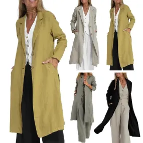 Women's Fashion Casual Cotton Linen Suit Collar Pocket Trench Coat