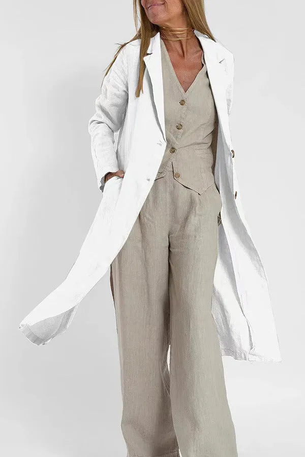 Women's Fashion Casual Cotton Linen Suit Collar Pocket Trench Coat