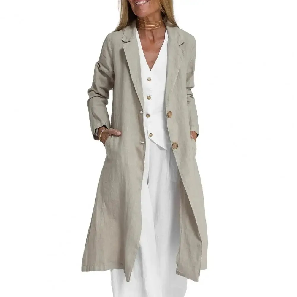 Women's Fashion Casual Cotton Linen Suit Collar Pocket Trench Coat