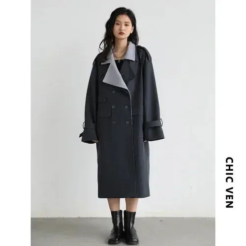 Womens Solid Loose Contrast Double Collar Double Breasted Long Windbreaker Trench Coat