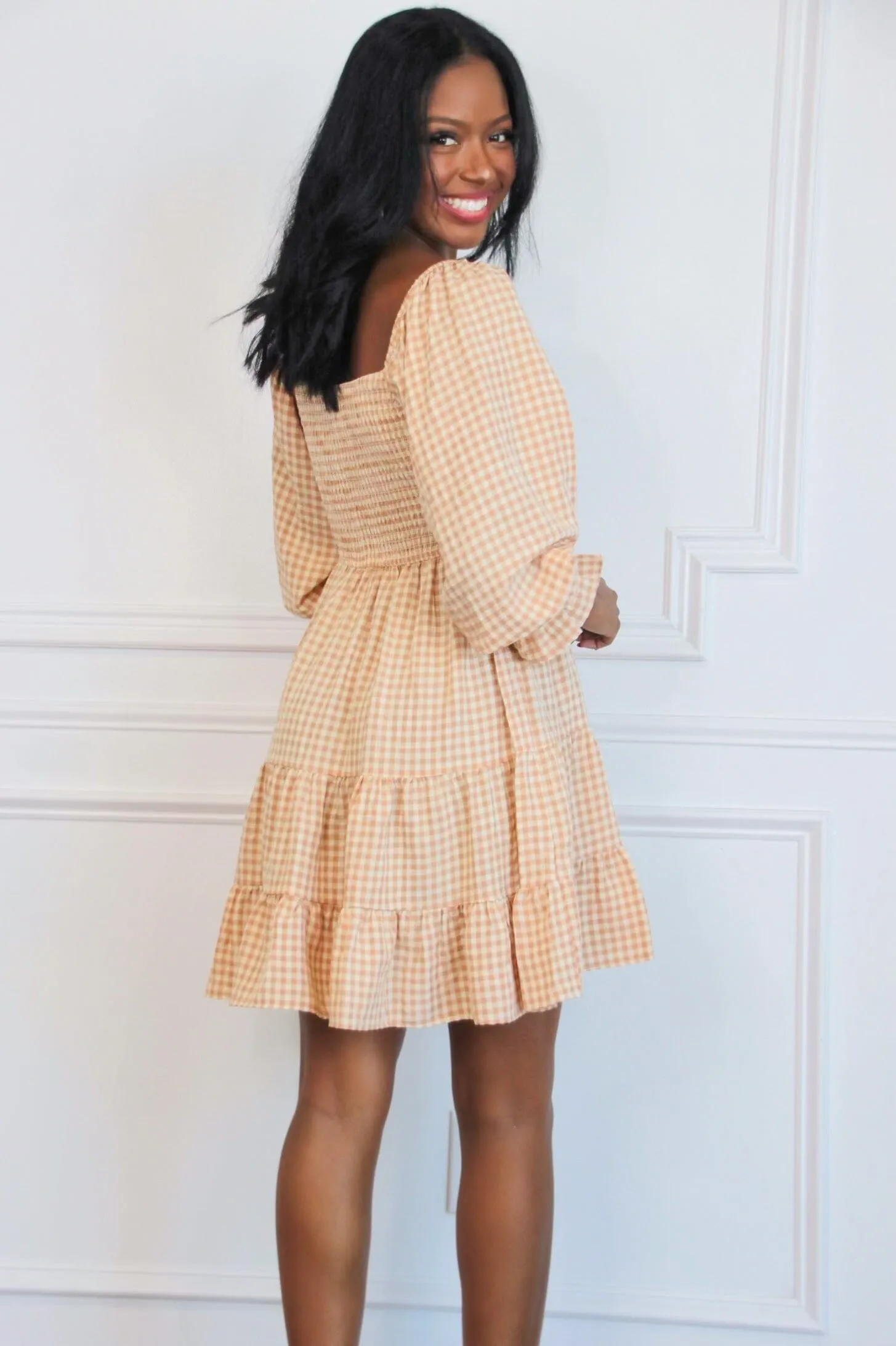 Zinnia Gingham Smocked Babydoll Dress: Apricot