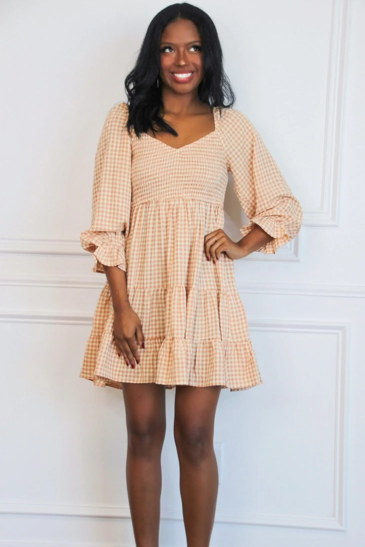 Zinnia Gingham Smocked Babydoll Dress: Apricot